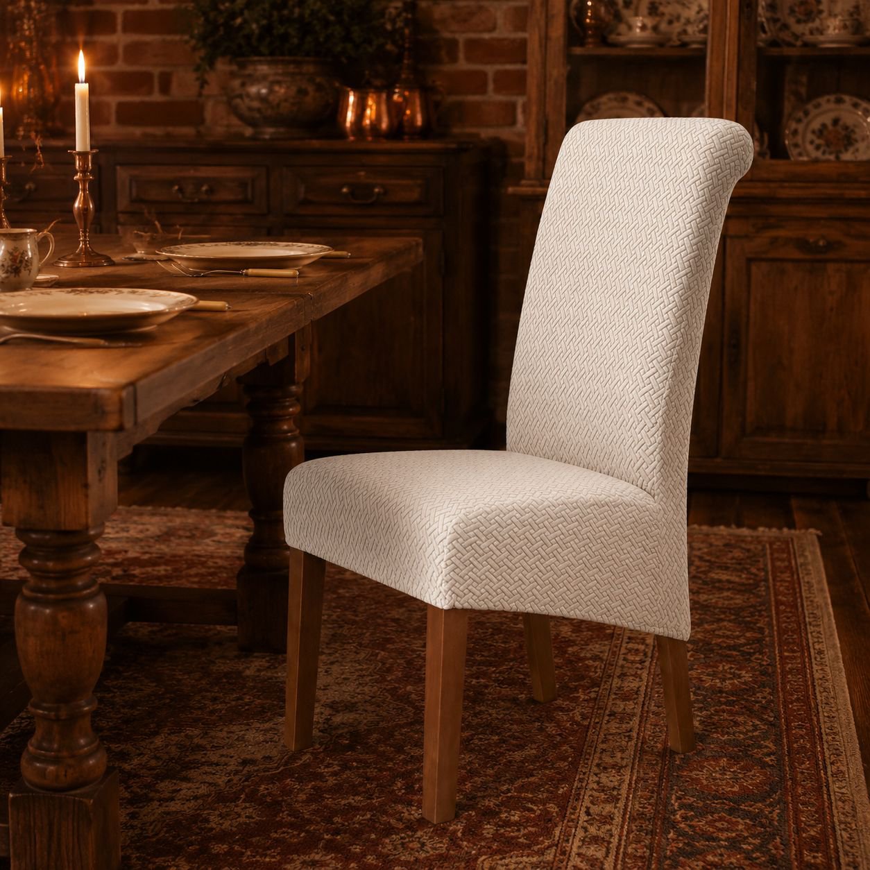 Close-up of jacquard stretch fabric on dining chair