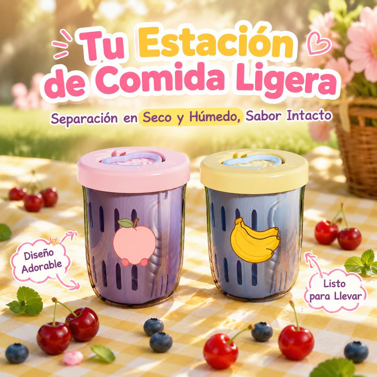 Vaso de ensalada de frutas con colador, portátil y con cuchara, diseño atractivo