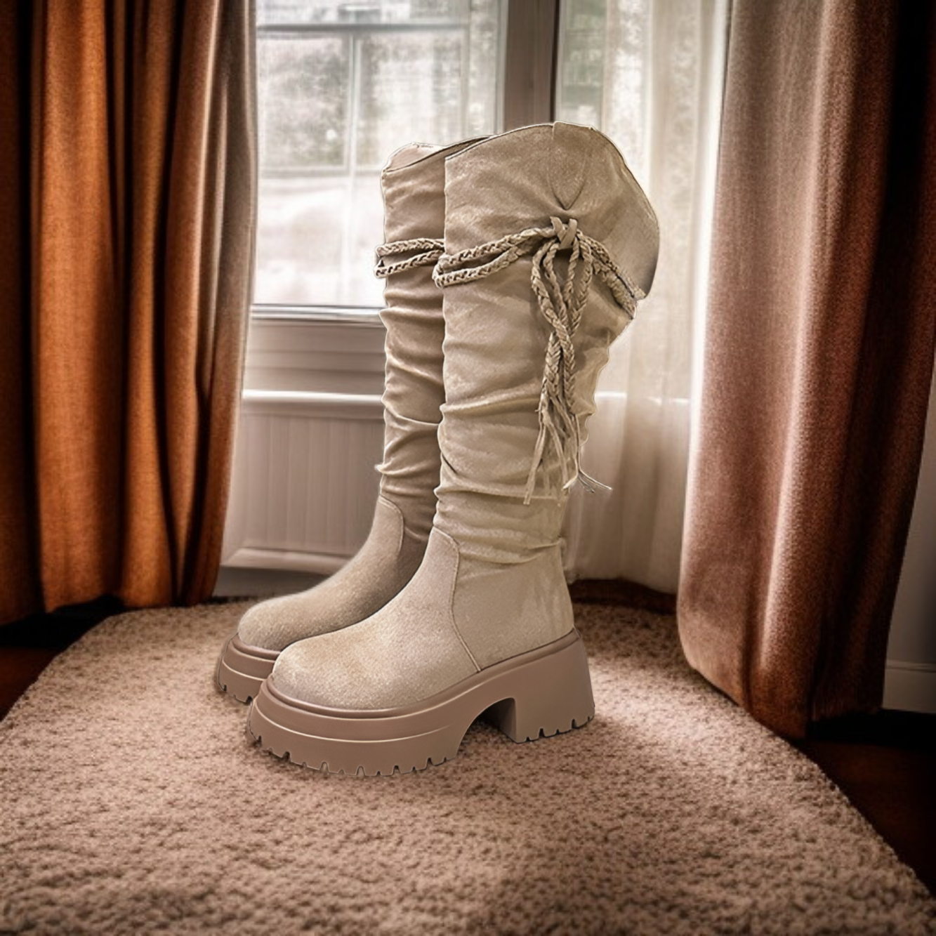 ウェイストランドスタイルのタッセル内側の高さを増やすウエスタンナイトブーツレディース秋冬レトロノースウェスト旅行着用ロングブーツ