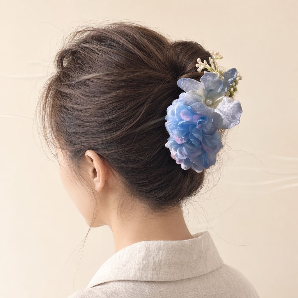早春をテーマにした青い花のヘアクリップ、甘く雰囲気のあるヘアフラワー、サイドクリップ、旅行用ヘアクリップ