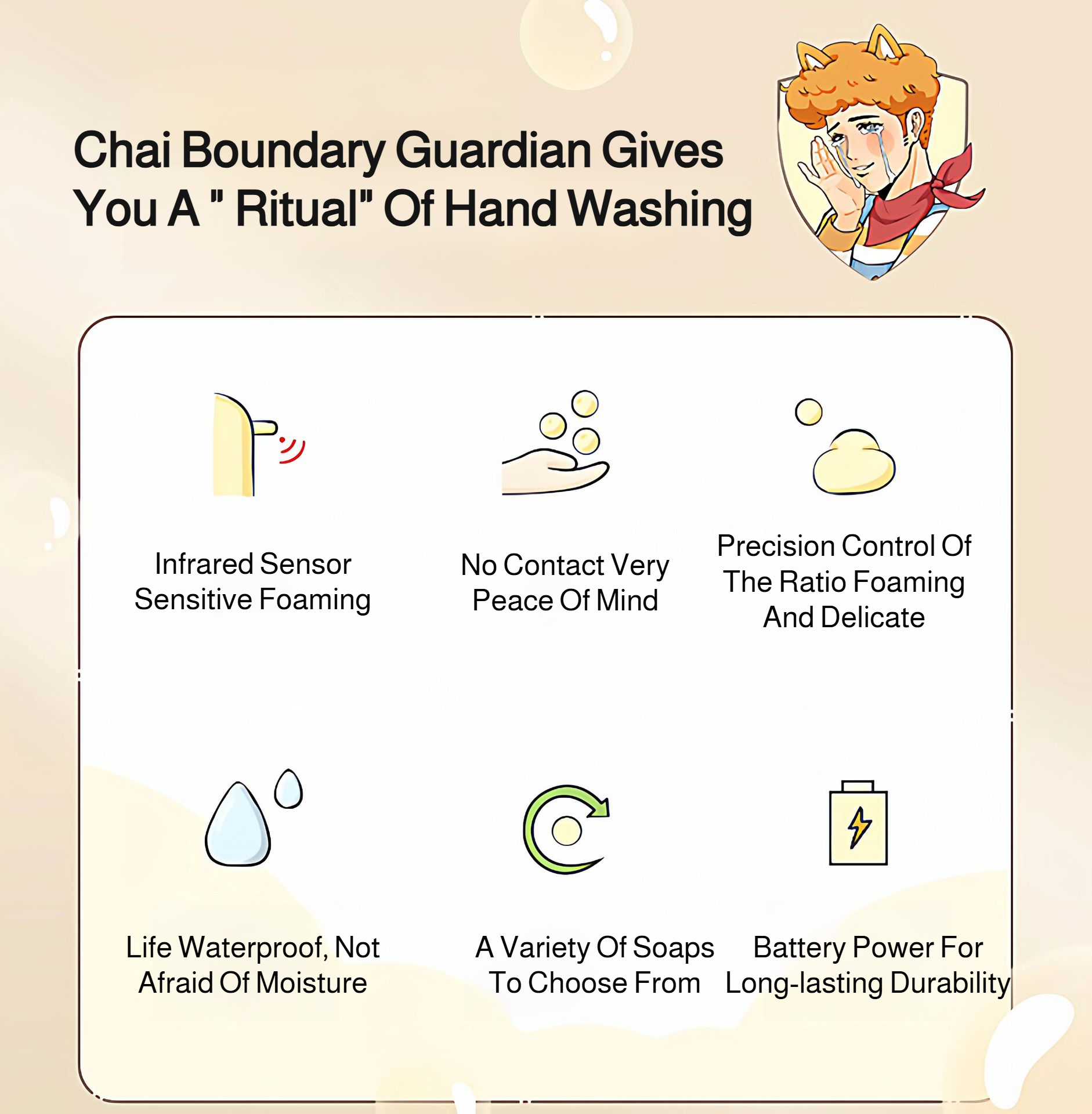 Close-up of pigeon-shaped soap dispenser with foam