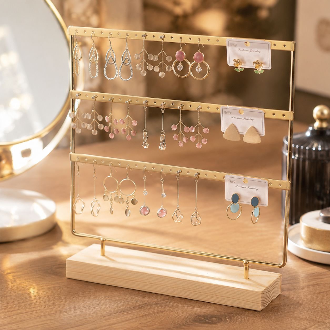 Jewelry display rack, solid wood and wrought iron earring holder, home earring storage, jewelry rack