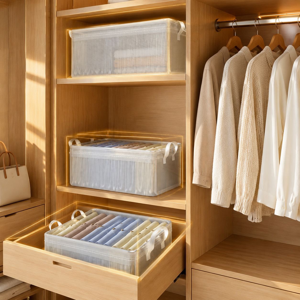 Layered clothing storage containers for wardrobe organization