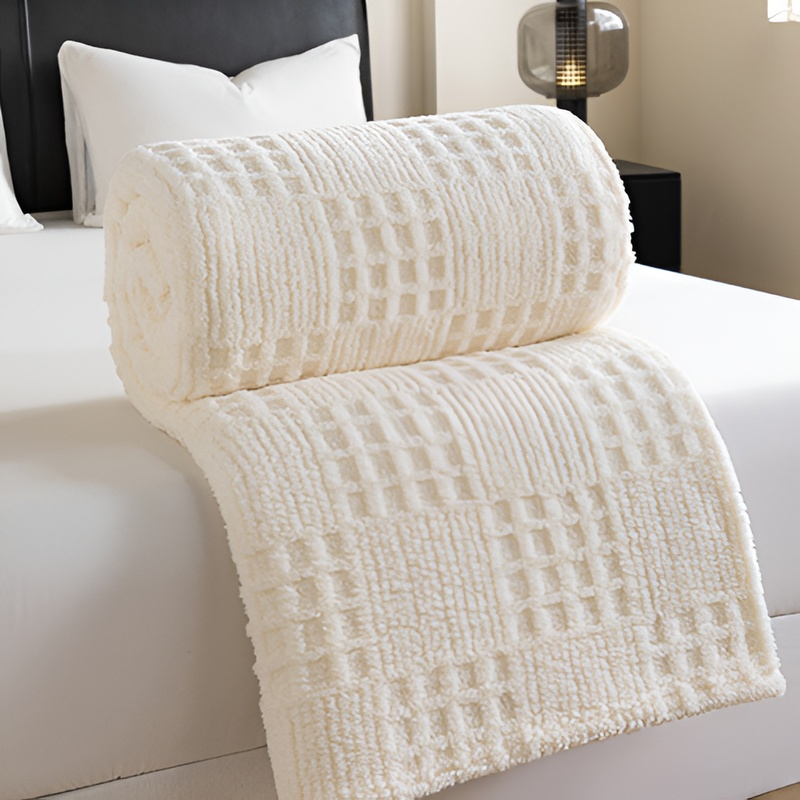 Thick and warm double-sided plush blanket with waffle pattern jacquard