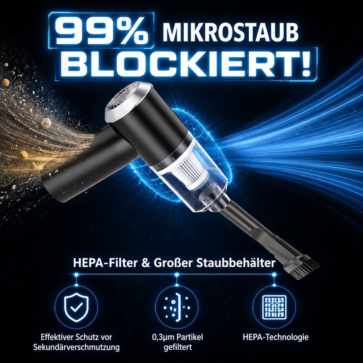 Tragbarer kabelloser Auto-Staubsauger, innovatives Saugkraft-Design