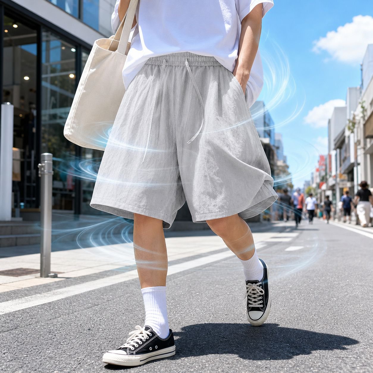 メンズリネン薄手五分丈ショートパンツ ゆったりタイプ