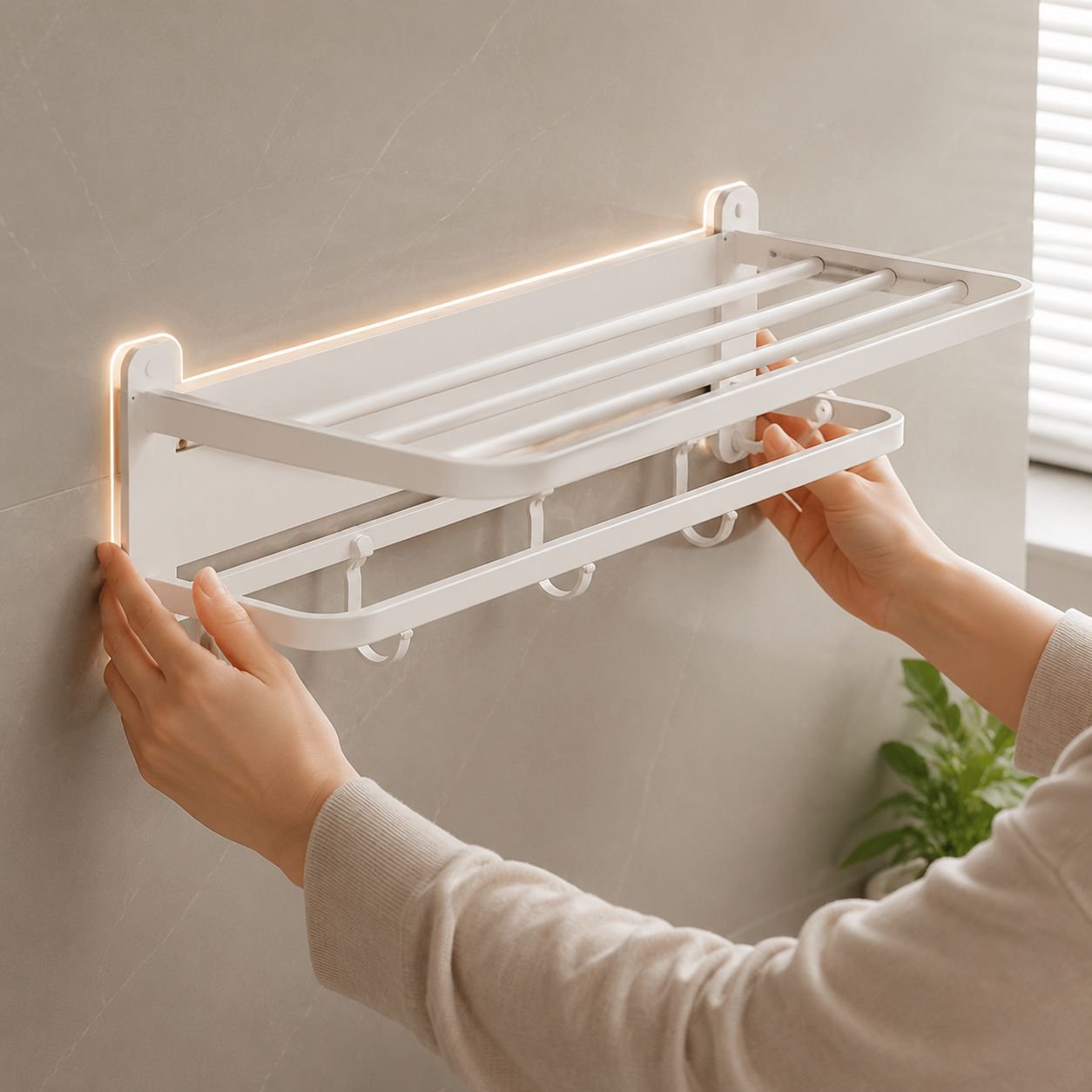 White No-Drill Bathroom Towel Shelf Rack