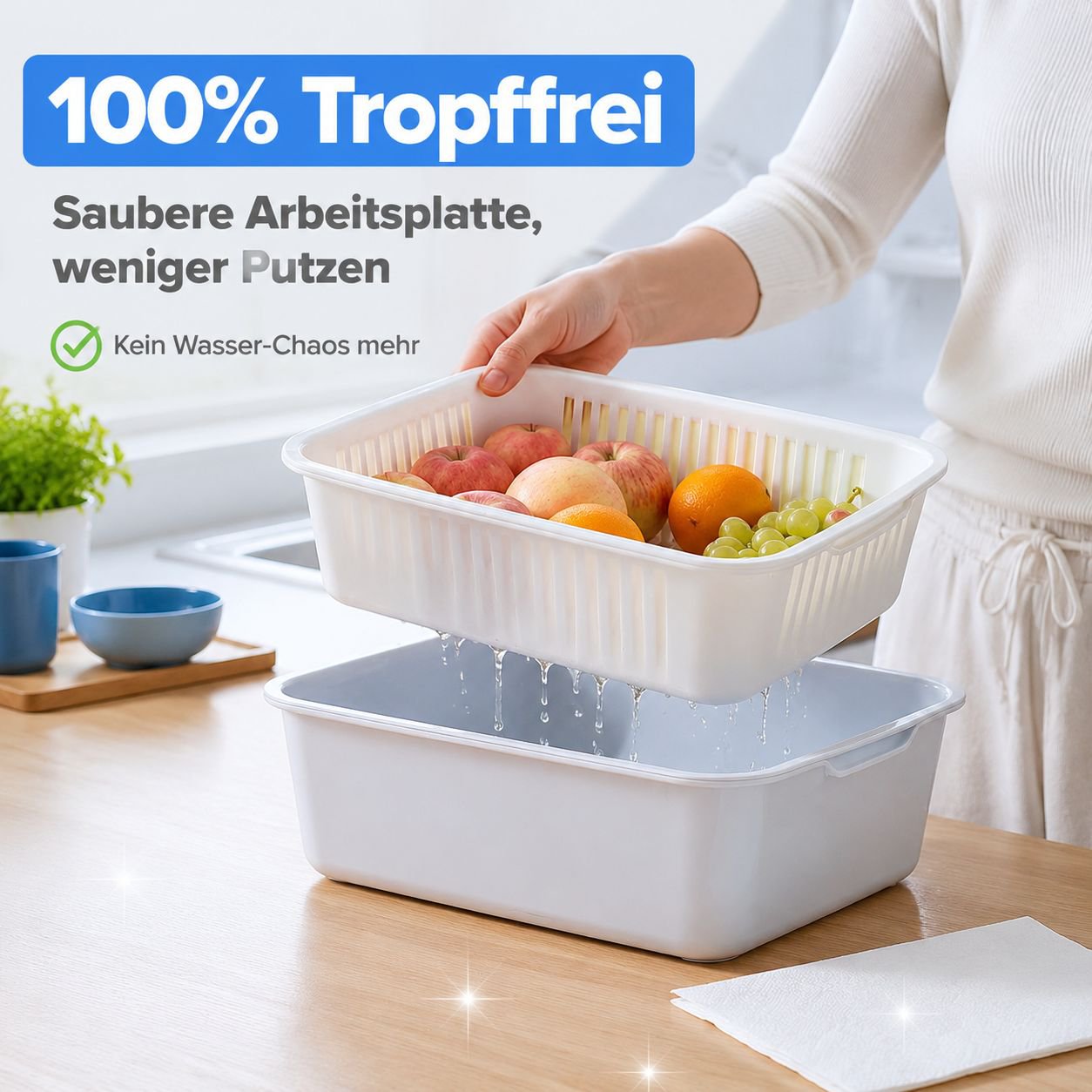Großer quadratischer Küchenkorb zum Waschen und Abtropfen von Obst und Gemüse
