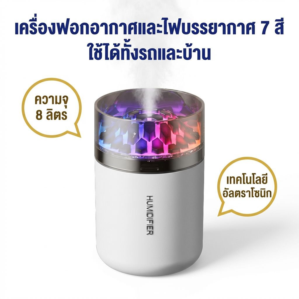 เครื่องพ่นไอน้ำอโรม่าไฟเจ็ดสี ใช้ได้ทั้งห้องนอนและออฟฟิศ