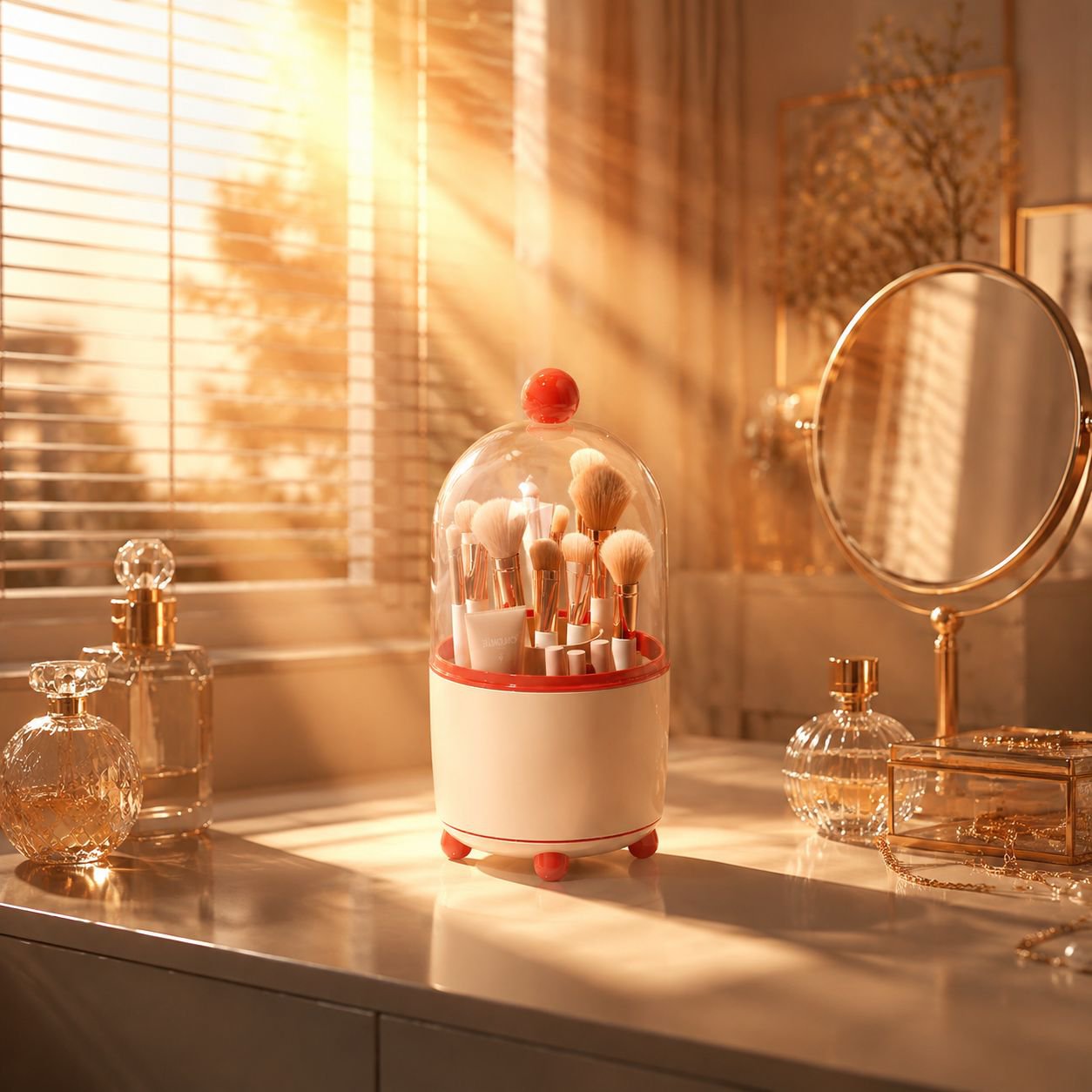 Rotating bucket organizer showcasing organized beauty products