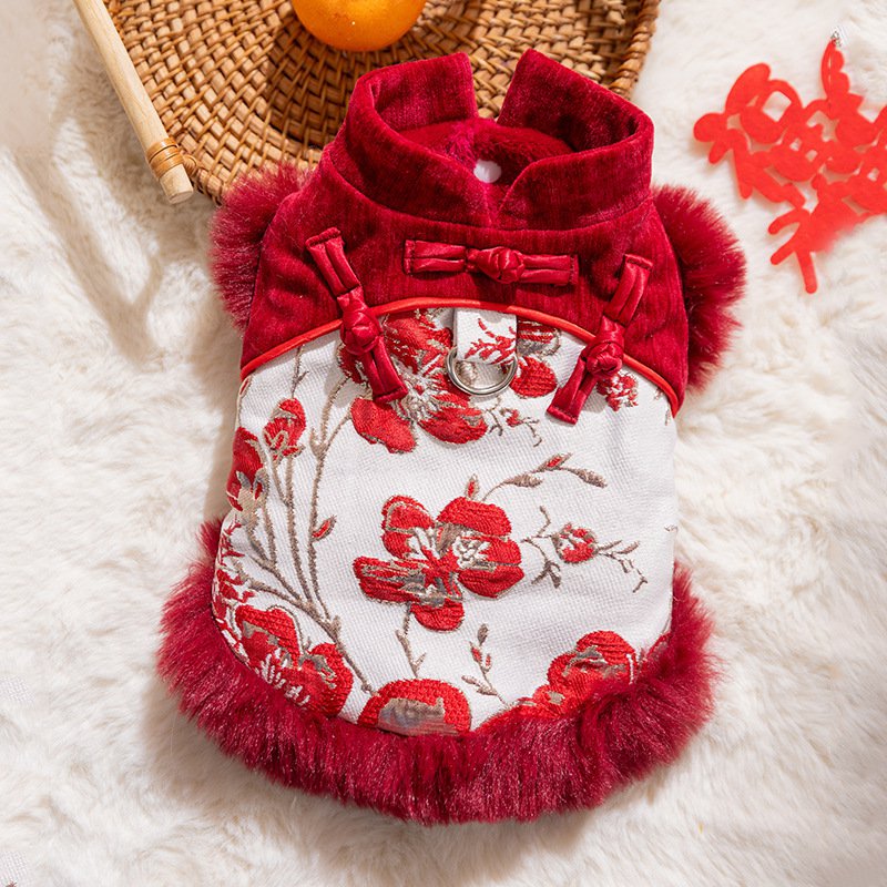 ชุดตรุษจีนสำหรับสุนัขและแมวตัวเล็ก เสื้อกันหนาวผ้าฝ้ายหนา