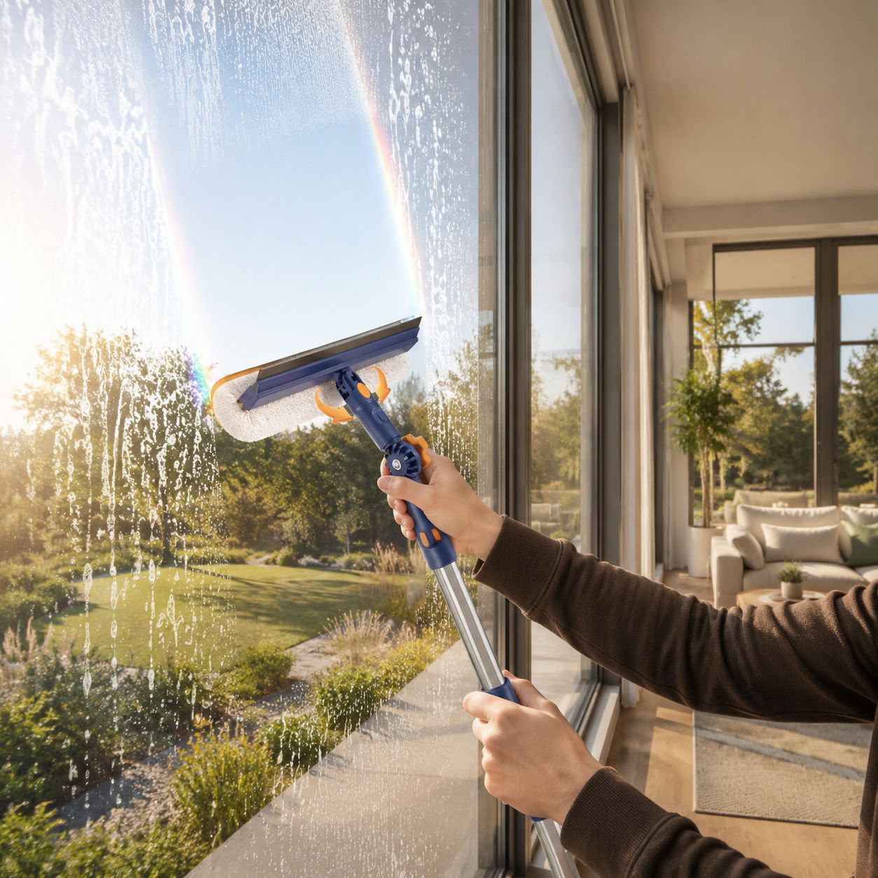 Multifunctional brush cleaning glass surfaces
