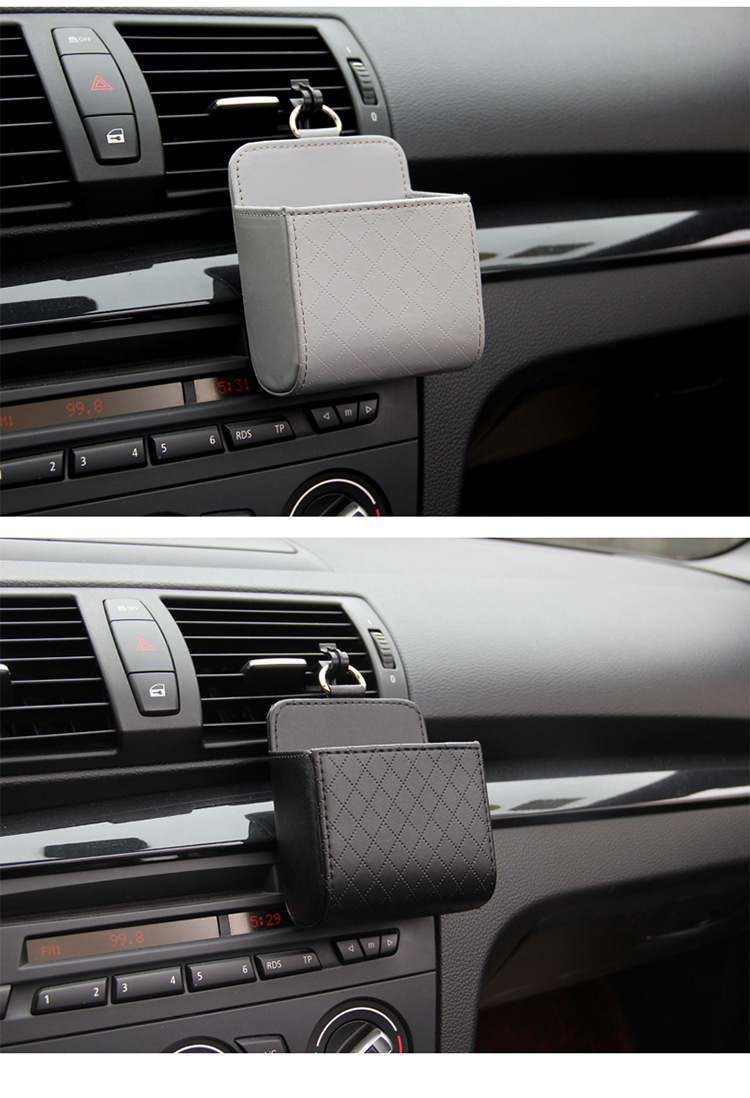Car air vent storage bag hanging in vehicle interior