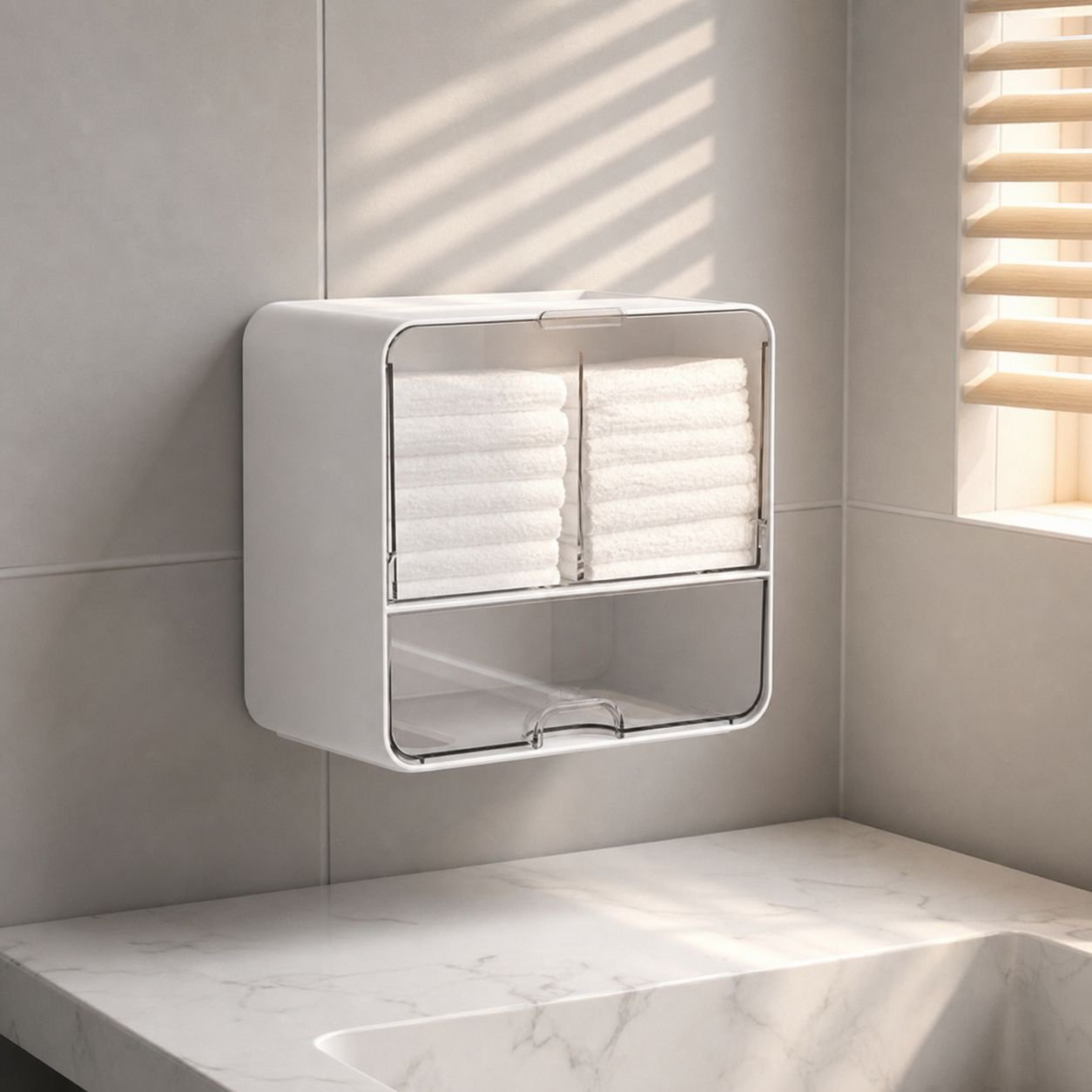 壁掛け式のバスルームミラーキャビネット収納ボックス。フェイスタオル、トイレ用綿棒、化粧品などを収納できます。