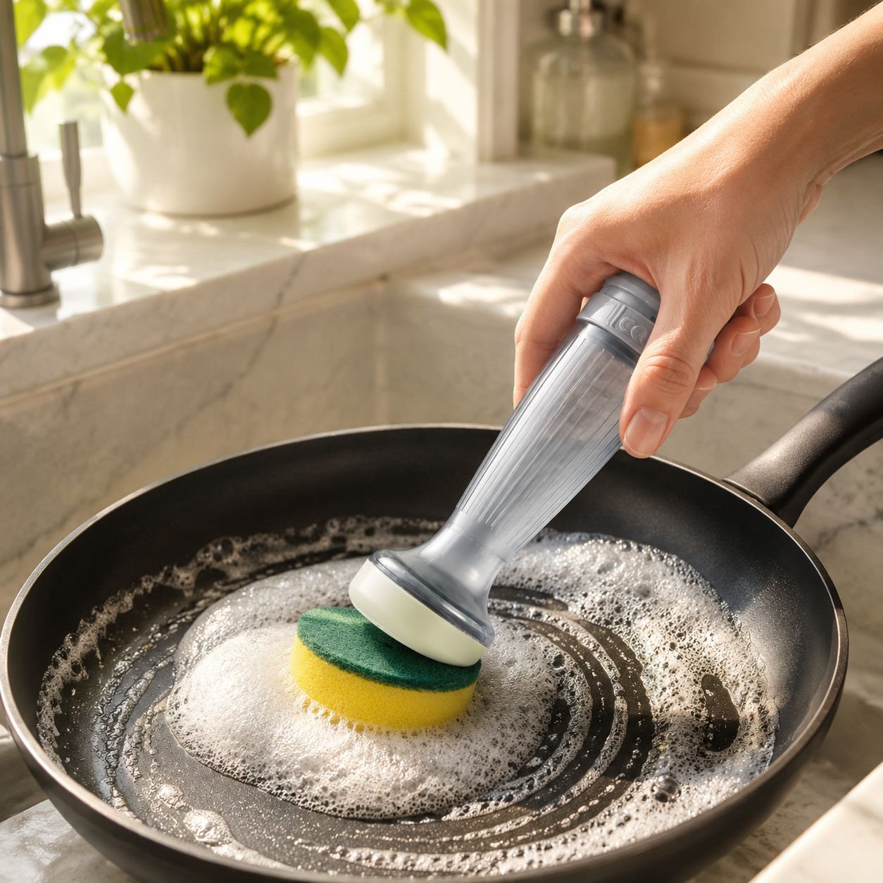 Réservoir de liquide rechargeable de la brosse de cuisine en gros plan