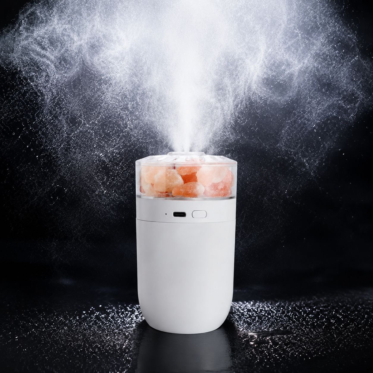 Wireless car charger with built-in salt lamp and humidifier on dashboard
