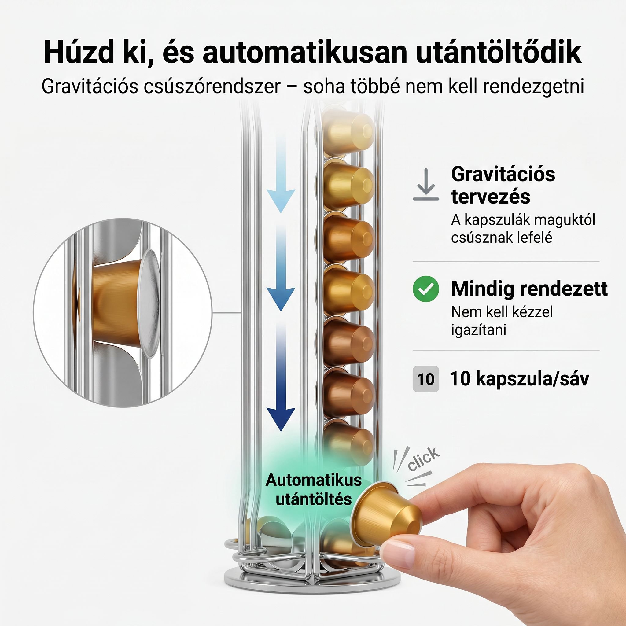 Multifunkciós kávékapszula tartó, forgatható fém állvány pultokra