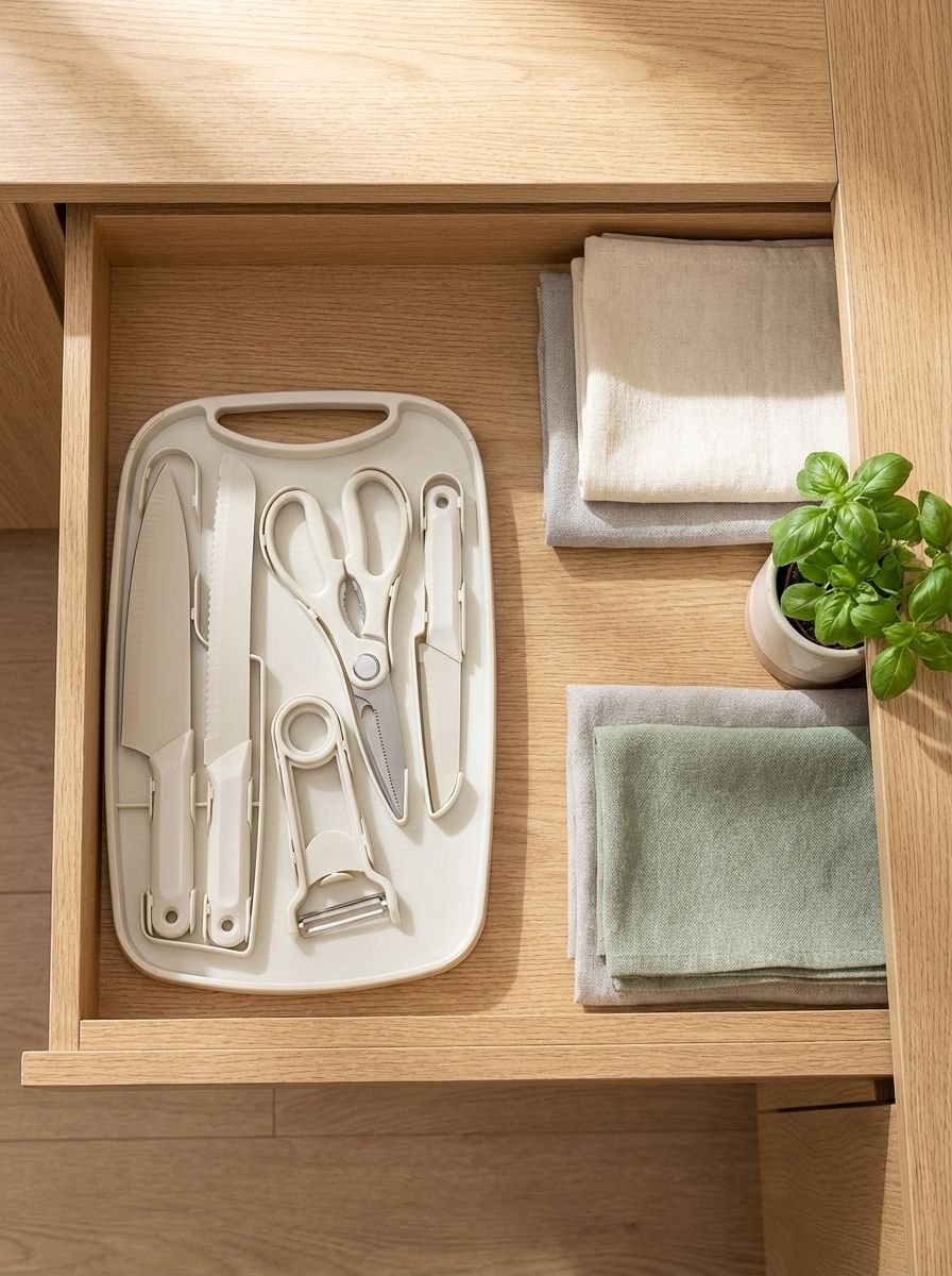 Set aus Schneidebrettern und Messerhalter für die Küchenorganisation