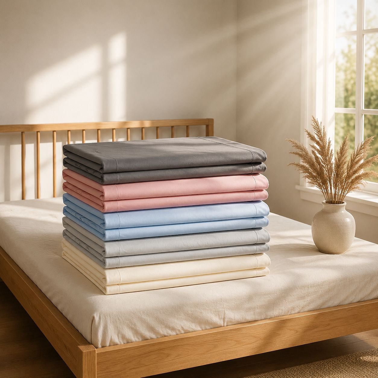 Brushed washed cotton printed sheet on bed