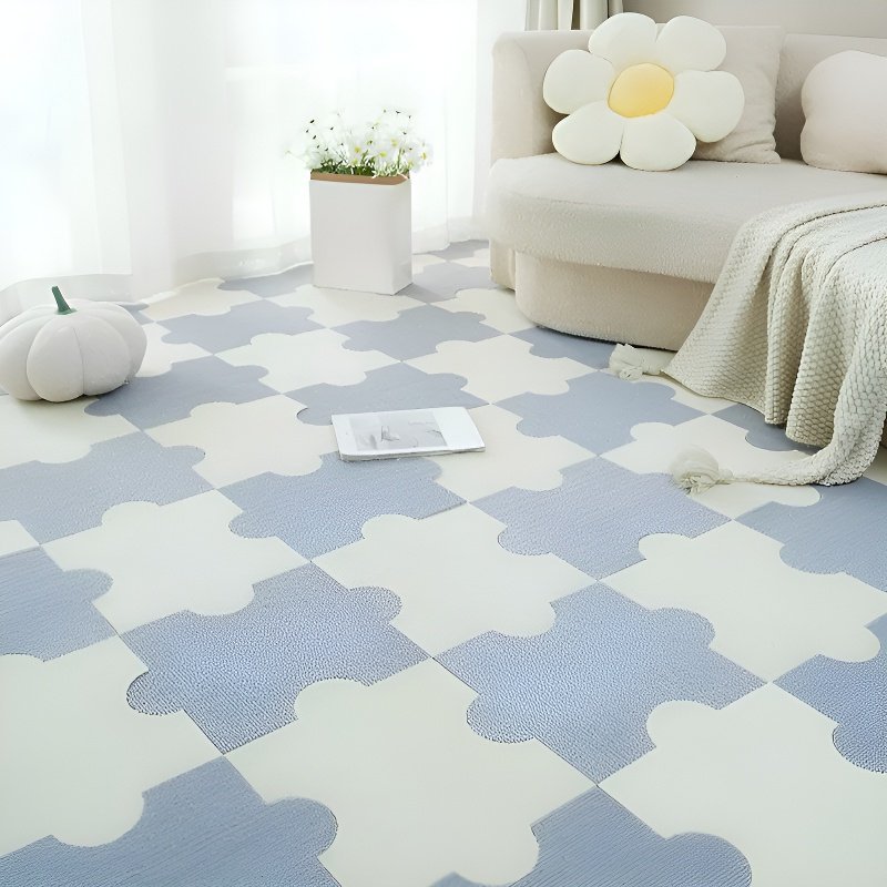 Home room fully covered with large area spliced block carpet