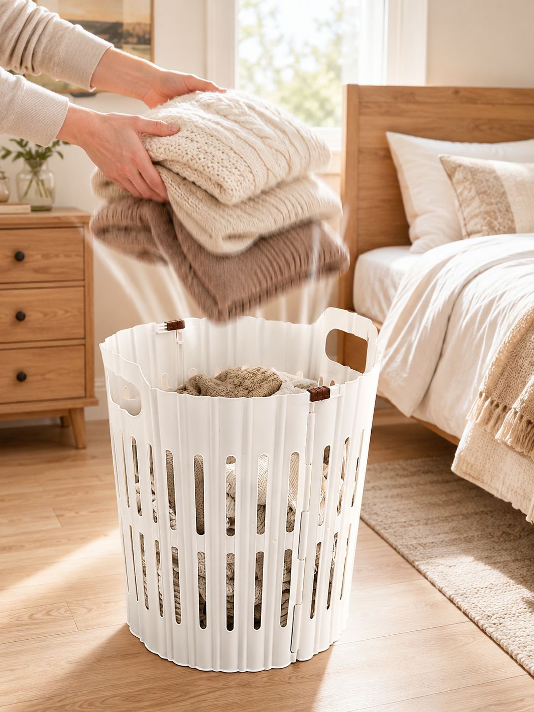 Portable foldable laundry basket in modern home interior