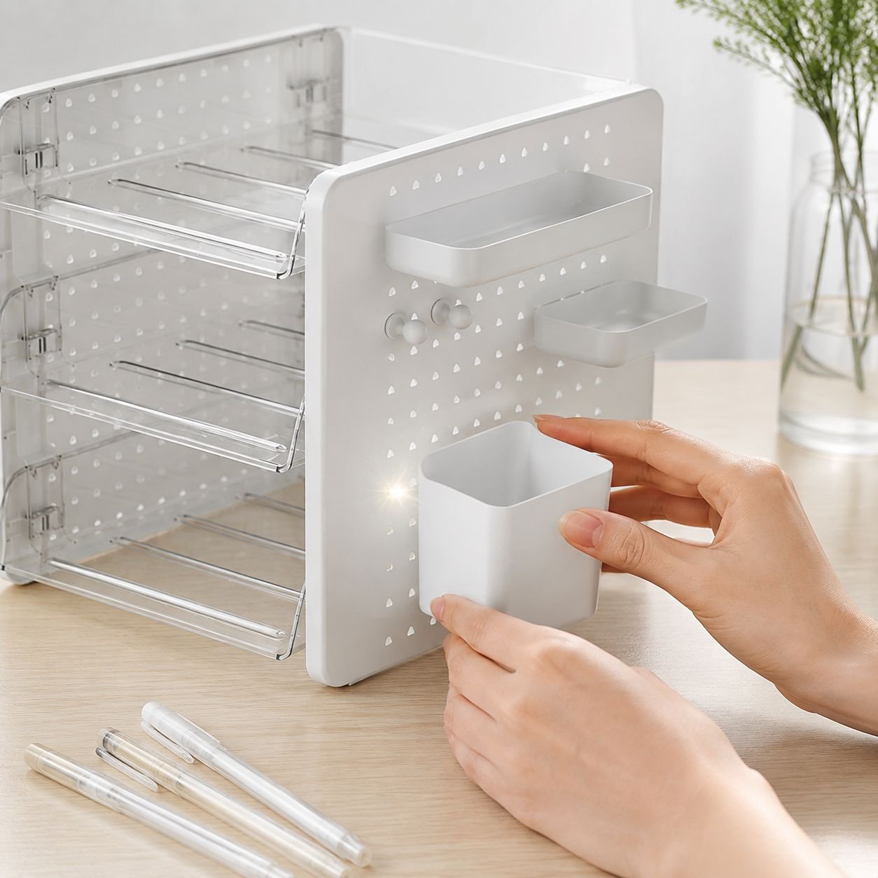 Desktop pegboard storage box for stationery and cosmetics, a must-have for desks and office workstat