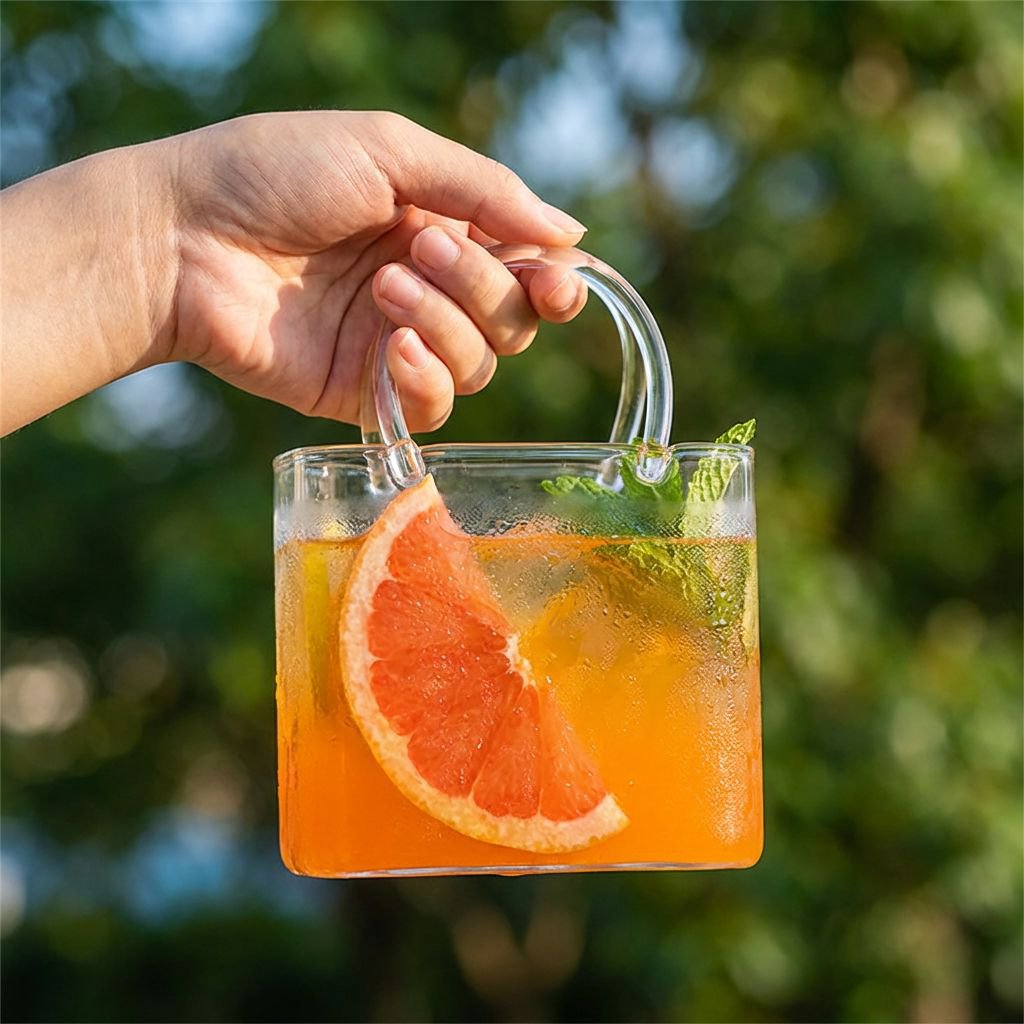 透明感のあるハンドバッグ型飲料カップ