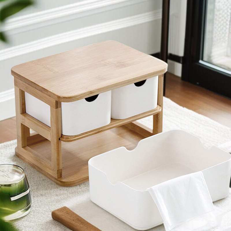 多層竹木製デスクトップ収納ボックス正面画像