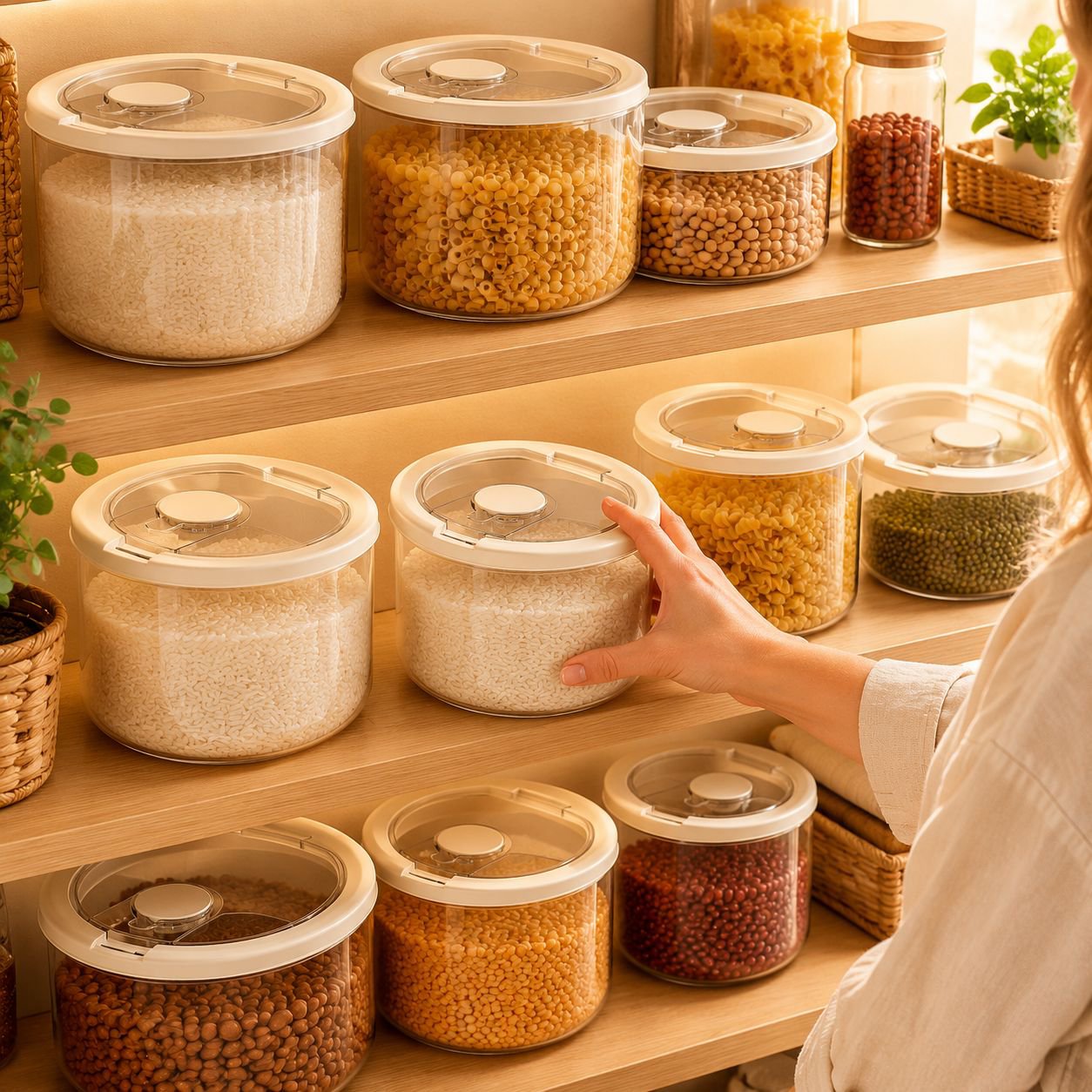 Organized kitchen pantry with airtight flour storage tank
