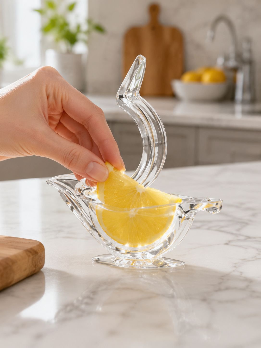 Hand squeezing lemon using clip juicer into juice cup