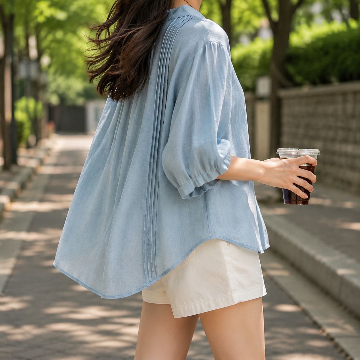 면 마 소재 산뜻한 5부 소매 문예 여성 블라우스