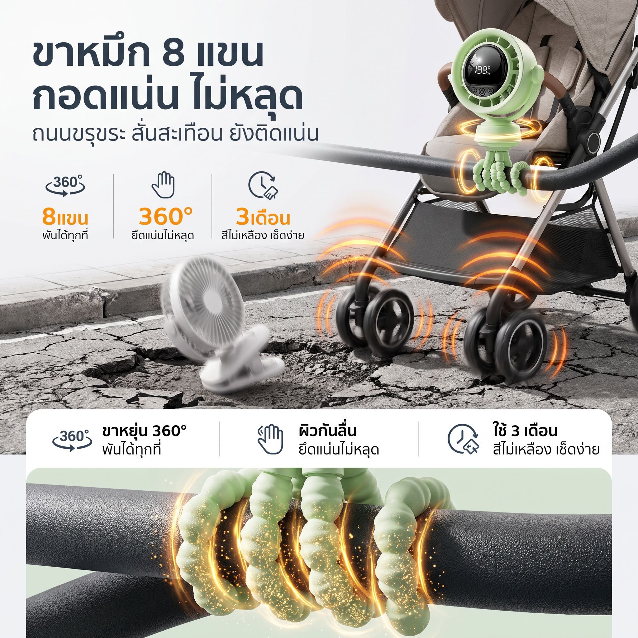 พัดลมเด็กอ่อนปลาหมึกแปดขา อเนกประสงค์ หมุนศีรษะได้ ตั้งโต๊ะได้ ชาร์จด้วย USB