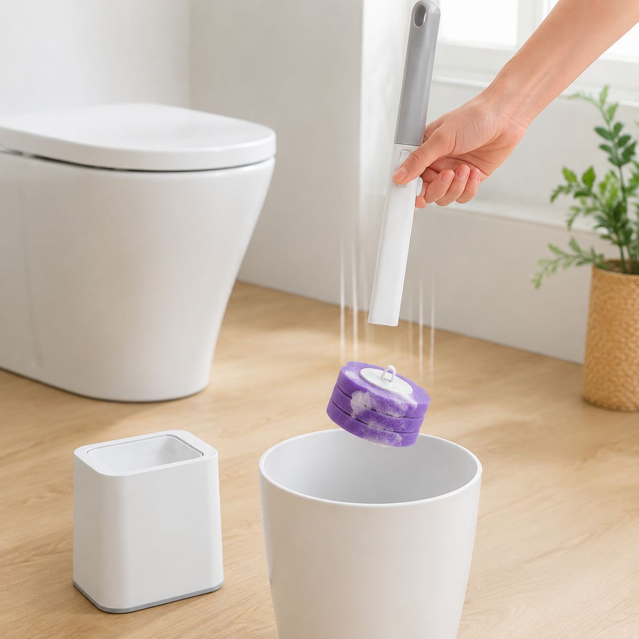 Easy-to-use toilet brush with flip lid mechanism