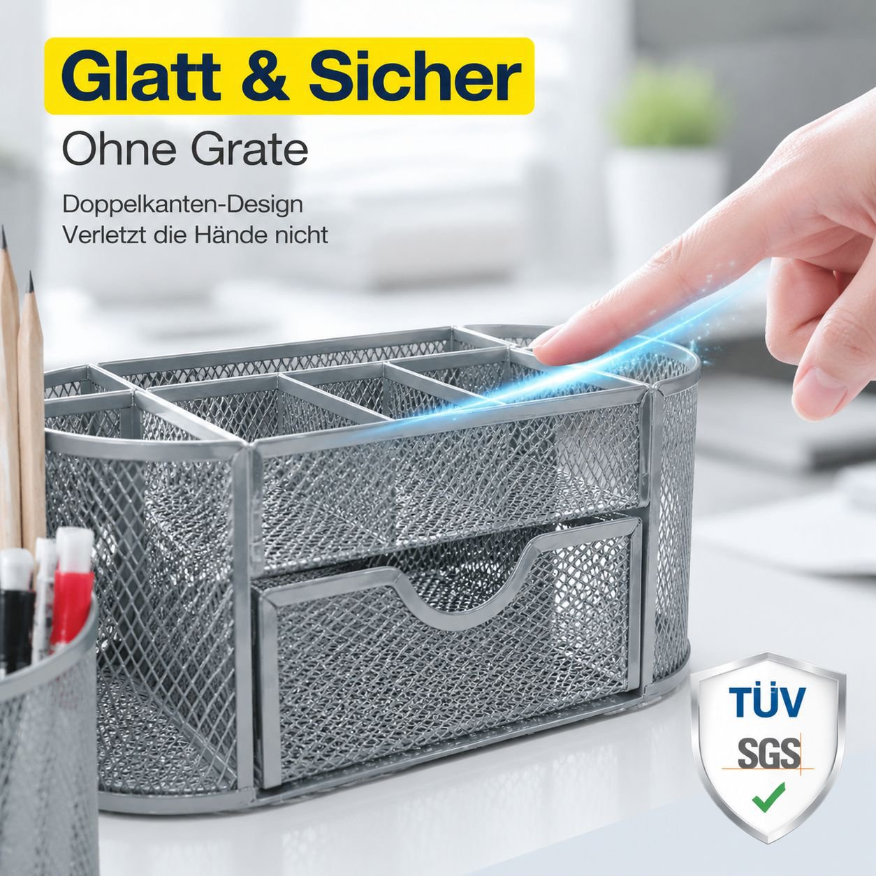 Metallgitter-Stifthalter mit neun Fächern, kombinierbare Schreibtischbox