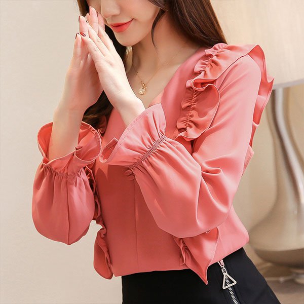 ブラウス  シャツ シフォン 長袖 フリル フォーマル Vネック フレアスリーブ きれいめ