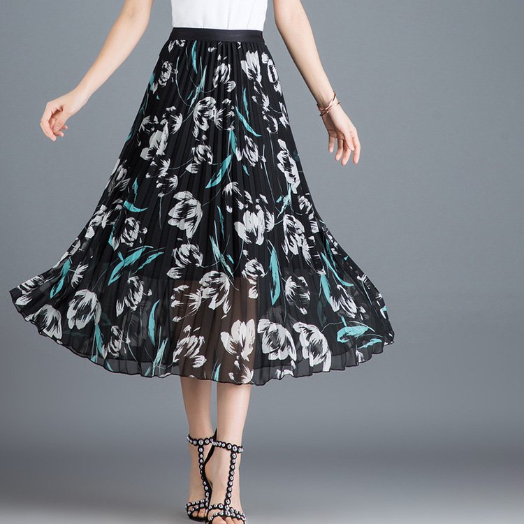 【プリーツスカート】快適な２層設計、大人の花柄、Aライン