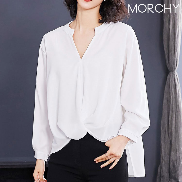 シフォンシャツ 2セットで4690円 トップス 前結び風 ノーカラー 春夏 レディース オン オフ おしゃれ