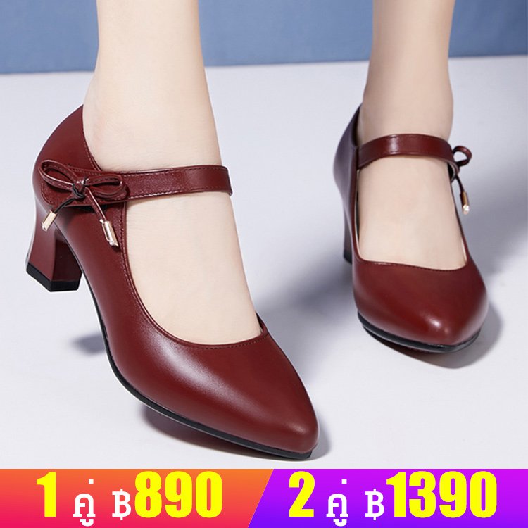 รองเท้าหนังแท้ส้นสูงปานกลาง พร้อมสายรัดหนัง