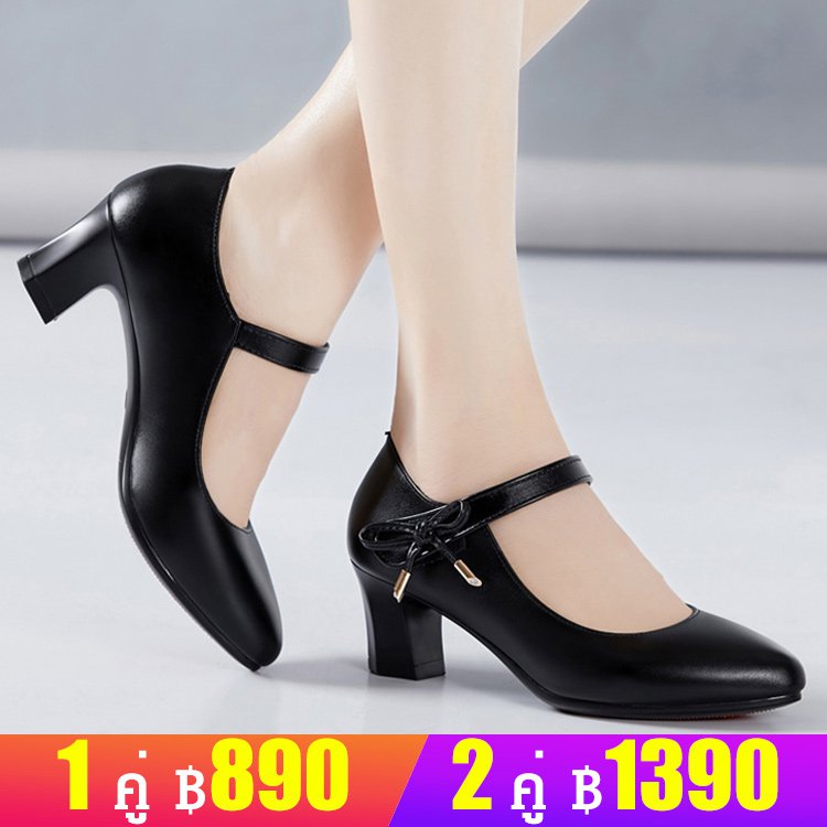 รองเท้าหนังแท้ส้นสูงปานกลาง พร้อมสายรัดหนัง