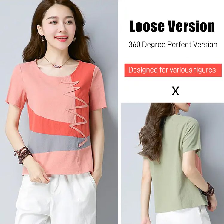2021 New Cotton Linen Color Blocking T-shirt