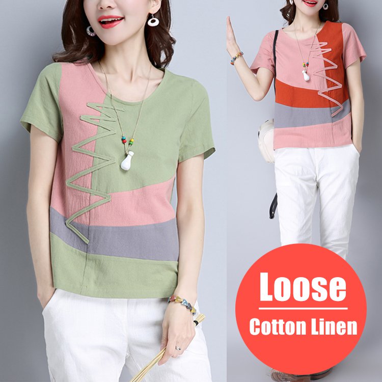 2021 New Cotton Linen Color Blocking T-shirt