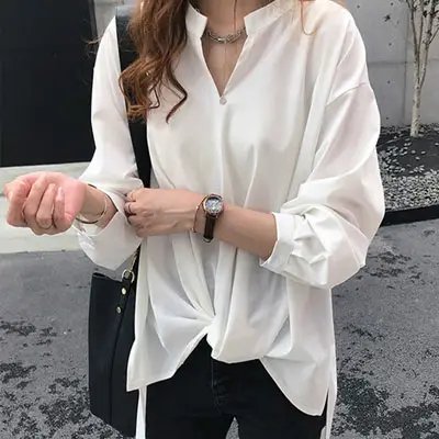 シフォンシャツ トップス 前結び風 ノーカラー 春夏 レディース オン オフ おしゃれ