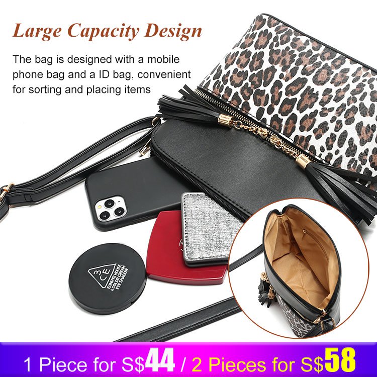 Women‘s Contrast Colors Leopard Print Tassel Bag