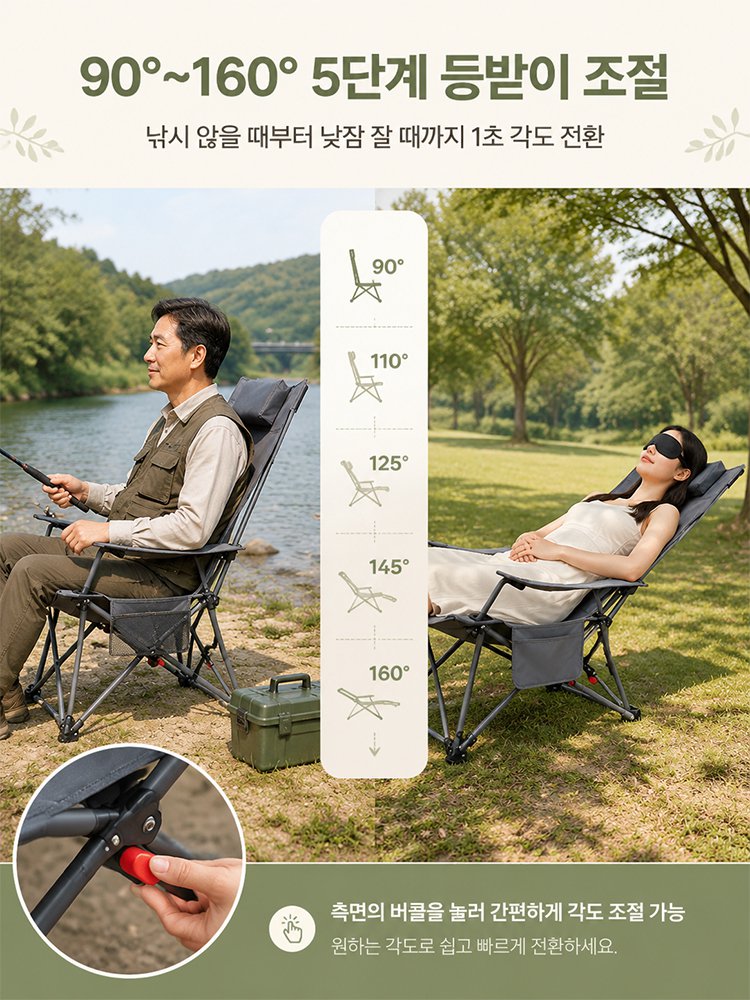 휴대용 조절형 접이식 의자, 90도 직각 앉기부터 160도 완전 리클라이닝까지 자유 변환
