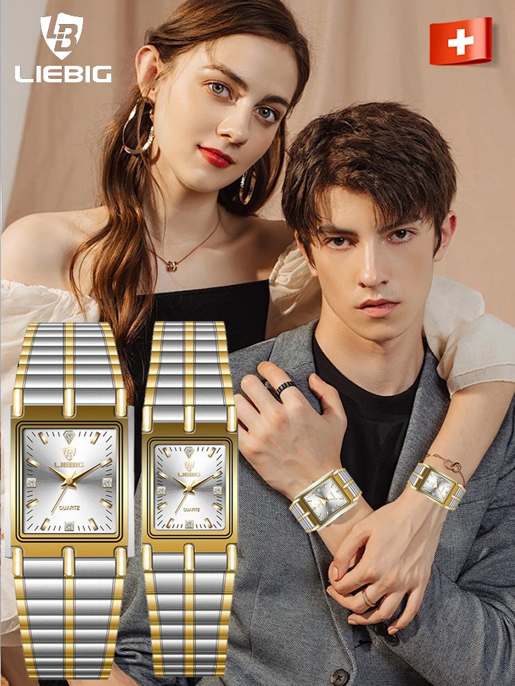 ساعة يد مربعة صغيرة كلاسيكية عتيقة للزوجين مرصعة بالماس