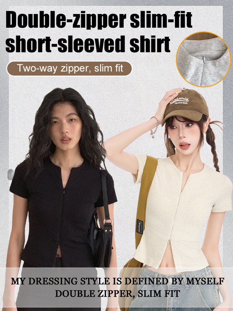 Double-zipper slim-fit short-sleeved shirt