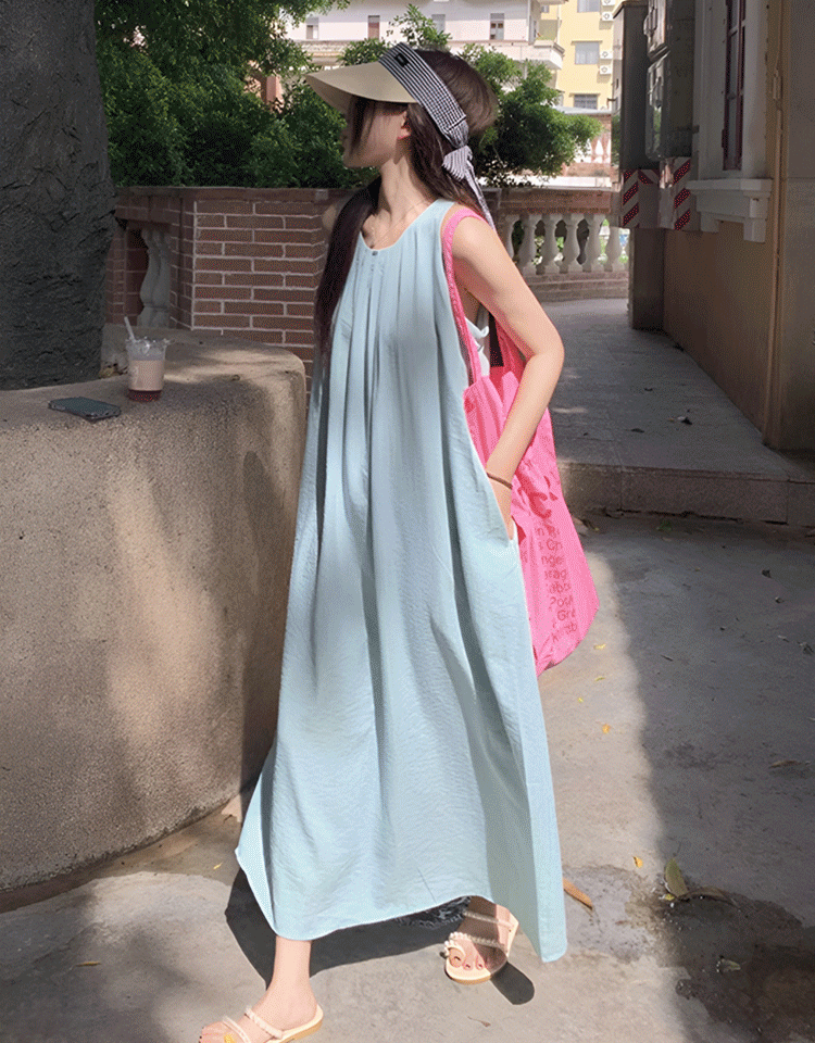 무지 셔링 민소매 원피스