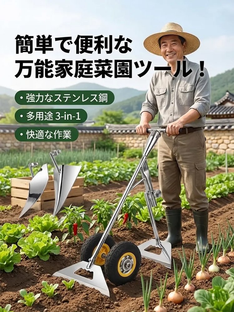 農業用三合一除草マジック器・土ほぐし溝掘り鍬
