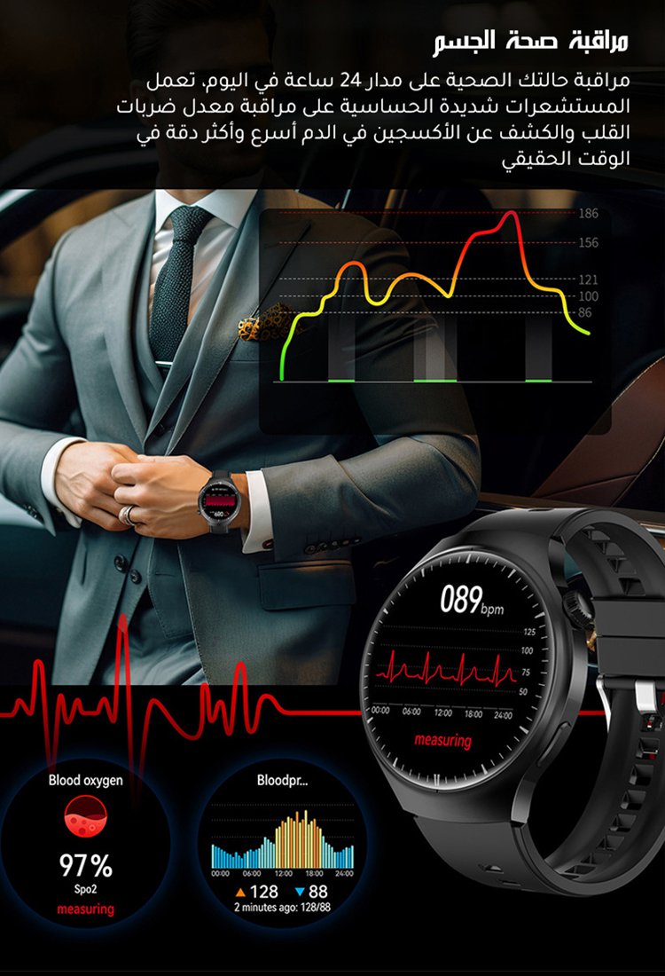 ساعة ذكية مع وظيفة قياس نسبة السكر بطريقة صحية وغير جراحية