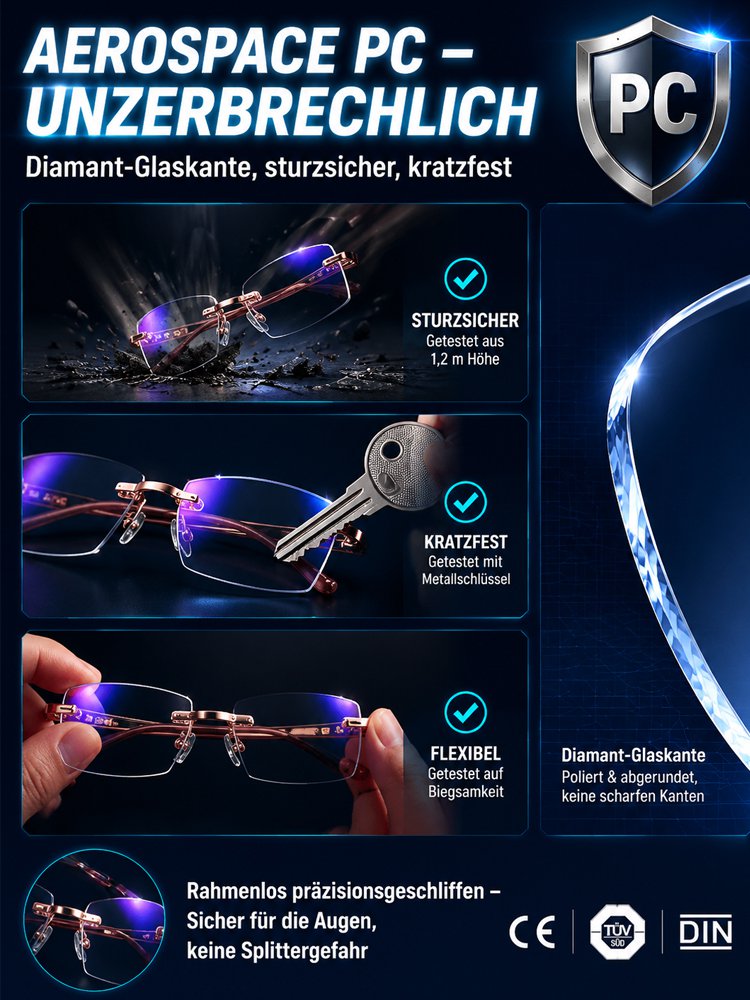 Ultra-leichte randlose Lesebrille mit Diamantschliff